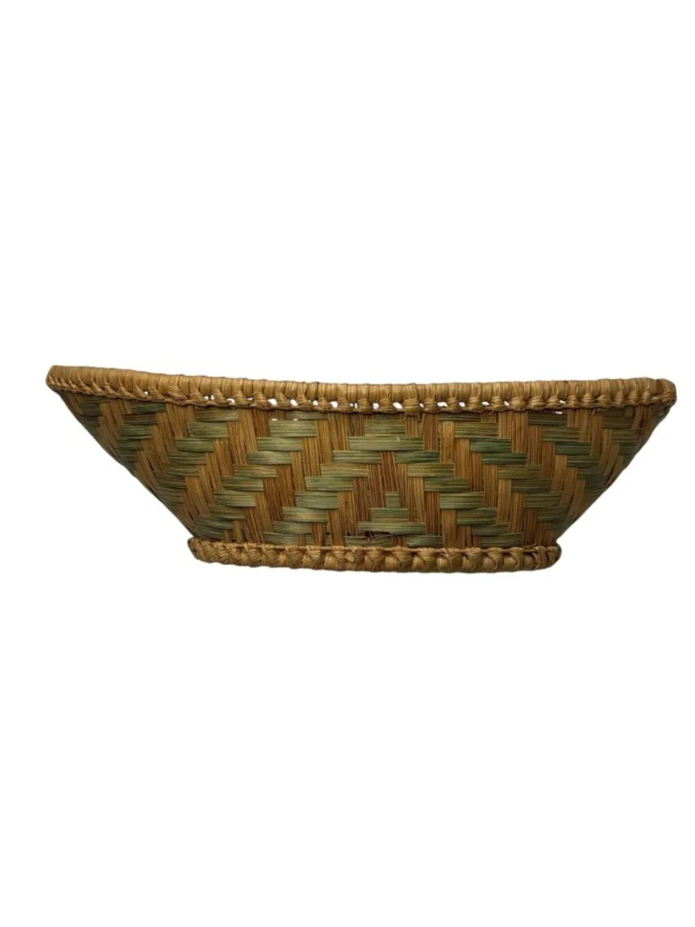 Vintage Handwoven Oval Bread Basket Geometric Green Natural Split Reed Boat Tray